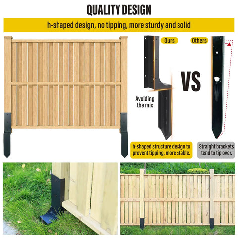 Heavy Duty Steel Fence Post Repair Kit 4x4 Actual 3.6x3.6 Ground Spike Anchors shown with comparison of design effectiveness.
