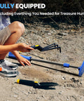 DR.ÖTEK kids metal detector with blue shaft and round blue coil, child digs in dirt.