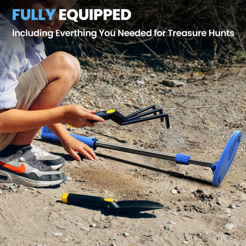 DR.ÖTEK kids metal detector with blue shaft and round blue coil, child digs in dirt.