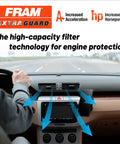 Driver using Extra Guard CA4309 Engine Air Filter Swap for Infiniti, Nissan, Saab, Subaru with filter technology benefits displayed.