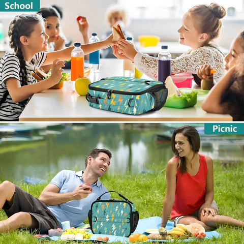 Lightning Bolt Insulated Lunch Bag For Kids And Adults Portable Cooler Tote With Shoulder Strap High Grade Polyester Thermal Retention Aluminum Lining Spacious Main Compartment And Side Mesh Pockets Ideal For School Office Travel in school picnic scenes