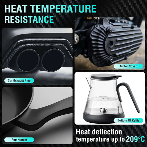 Heat resistance of Carbon Fiber Reinforced Nylon Filament PA6-CF 1.75mm 1kg for industrial parts up to 209 C, showing motor cover, exhaust pipe, pot handle, and kettle base.
