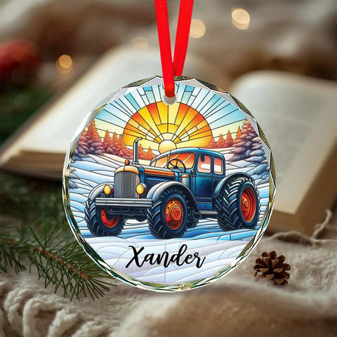 Custom Tractor Christmas Ornament 2026 With Personalized Name For Tractor Lovers, stained glass keepsake on holiday background
