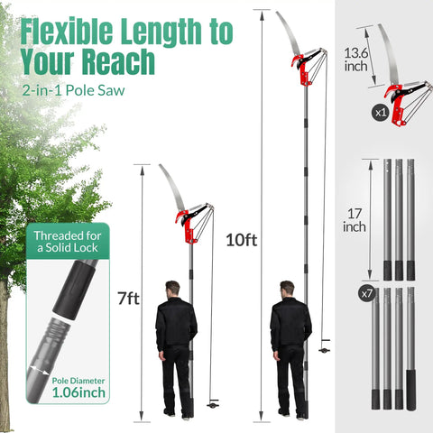 Diagram showing extendable 10 Ft Pole Saw For Tree Trimming With Steel Blade And Pruning Scissors Two In One Pro Grade Heavy Duty