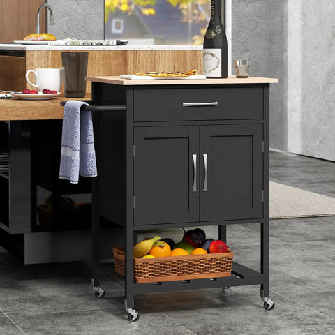 Real Deal Rubberwood Kitchen Island Cart On Wheels With Heavy Duty Casters And Wide Drawer Designed As A Versatile Coffee Bar Or Utility Stand That Brings Casual Vibes To Your Room Without Any Fuss In Classic Black