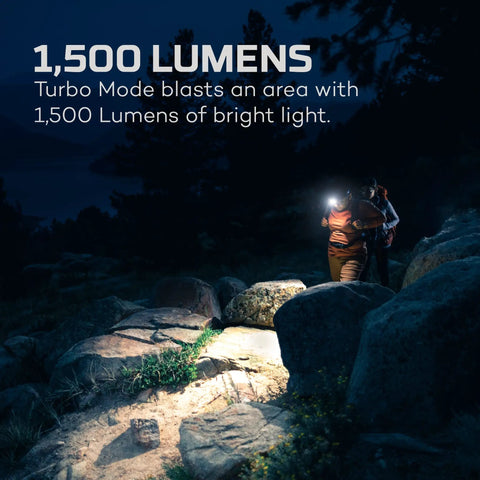 Person using Transcend 1500 Lumen Rechargeable Headlamp With USB-C, Five Light Modes, Tilt Adjustable, hiking at night.