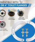 Heavy Duty Stainless Steel Toilet Flange Repair Kit With Extended Closet Bolts For PVC Cast Iron ABS showing compatible flange types.