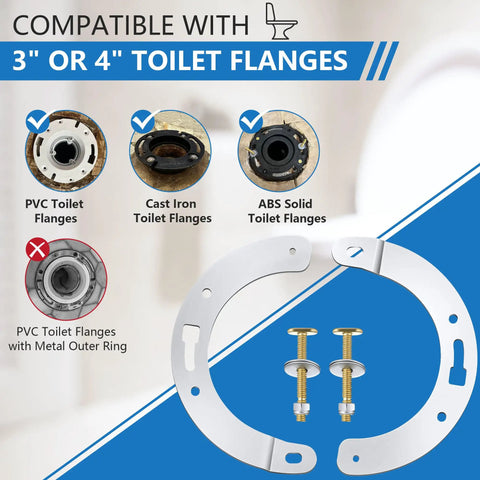 Heavy Duty Stainless Steel Toilet Flange Repair Kit With Extended Closet Bolts For PVC Cast Iron ABS showing compatible flange types.