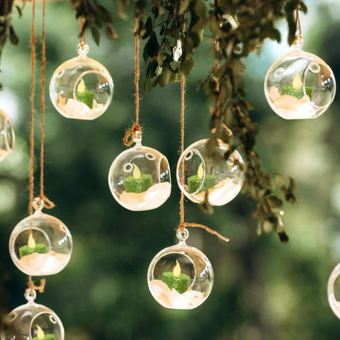 Green Glitter Flameless Tealight Candles 1.5 Inch By 1.65 Inch, Warm White LED Flicker, hanging in glass globes