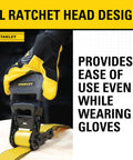 Person in gloves using Heavy Duty Ratchet Tie Down Straps 1.5 Inch by 16 Foot, 1100 Lb Safe Working Load and 3300 Lb Break Strength