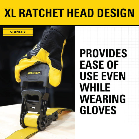 Person in gloves using Heavy Duty Ratchet Tie Down Straps 1.5 Inch by 16 Foot, 1100 Lb Safe Working Load and 3300 Lb Break Strength