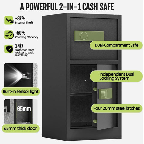 Heavy Duty Dual Door Safe Box With Hidden Lock And Fireproof Waterproof Bag Removable Shelves Quiet Operation 8.6 Cubic Foot Fireproof Safe For Home Office And Hotel Security with built-in sensor light, 65mm thick door, and dual compartment design.