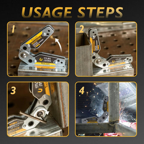 Beefy Adjustable Angle Welding Magnet 20 To 200 Degrees With 77 Lb Magnetic Pull in usage steps on metal surface