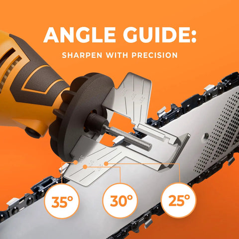 Electric Chainsaw Sharpener Kit With Angle Guide And 4 File Size Wheel Bits For Fast Easy No Sweat Chain Maintenance in use