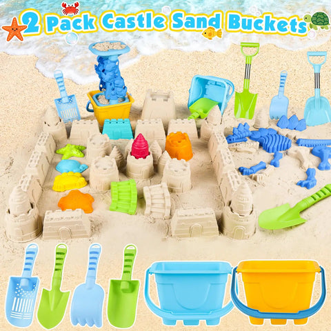 Kiddo Friendly 28 Piece Beach Sand Toys Set with Buckets, Shovels, Castle Molds, and Dinosaur Fossil Kit on Sand