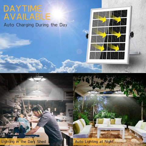 Solar panel and dual head solar pendant lights with motion sensor for outdoor and indoor use, 180 LED bright for barn use