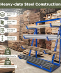 Sturdy Four Tier Shop Storage Rack With Adjustable Steel Bars For Lumber Planks And Piping, heavy-duty steel construction with adjustable arms.