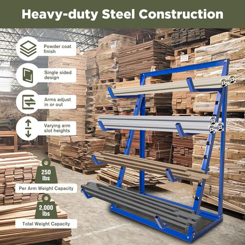 Sturdy Four Tier Shop Storage Rack With Adjustable Steel Bars For Lumber Planks And Piping, heavy-duty steel construction with adjustable arms.