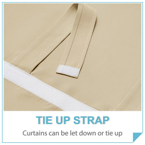 Close-up of tie up strap on French Door Curtains With Privacy Blackout No Drill Easy Install Tie Up Shades For Kitchen Dining Nursery And Bathroom Beige 26 By 72 Inches One Panel