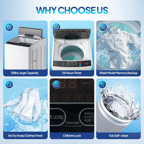 Portable Washing Machine 25LB Fully Automatic Washer Spin Dryer Combo features large capacity and control panel options.