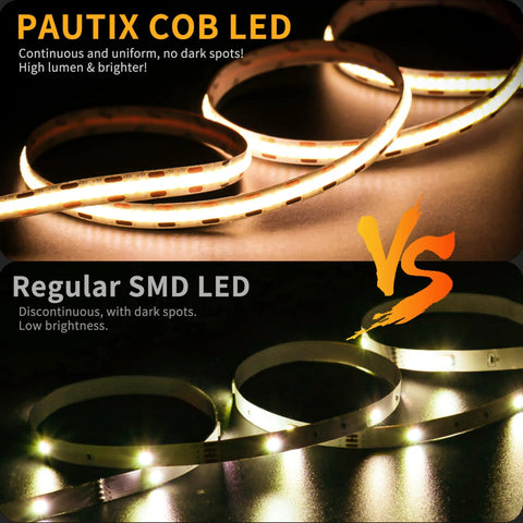 Comparison of dotless USB powered LED strip lights 5V dimmable 3000K warm white 6.56ft vs regular SMD LED strip.