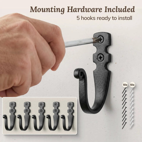 Heavy Duty Kickass Cast Iron Wall Hooks 5 Pack Handmade Blacksmith J Hooks installed with screwdriver and mounting hardware.