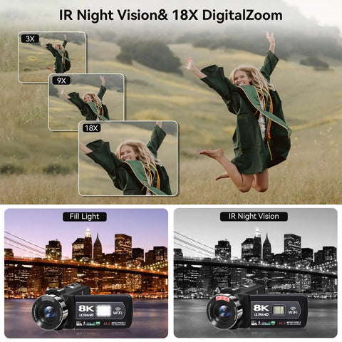 8K Video Camera Camcorder with 18X digital zoom showcasing IR night vision and fill light feature for YouTube vlogging.