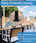 Outdoor patio table with 2 Piece Patio Umbrella Hole Ring Cone Wedge Plug Stabilizer Sleeve for Two to Two and a Half Inch Table Hole and One and a Half Inch Pole Adapter Black Easy Fit Universal for Outdoor Patio Tables and Umbrellas Durable, securing an umbrella pole by table.