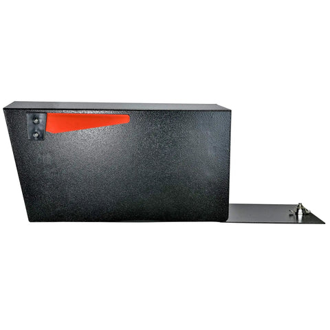 Street Safe Locking Mailbox With Rear Access Door for safe mail, black steel, showing side angle with open latch