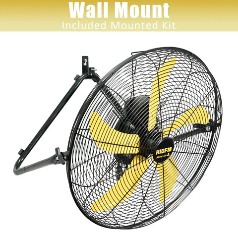 Heavy Duty 20 Inch High Velocity Floor Fan Delivers 5300 CFM On High, 3 Speed Settings, 360 Degree Tilt, Tough As Nails All Metal Build For Garage Workshop Shop Office Or Home Use, UL Listed, shown with wall mount.
