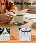 Six Cat Diamond Painting Coaster Kit Set With Double Tools For Adults And Kids DIY Diamond Art Crafts Non Slip Heat Insulation Coasters Perfect Gift Great Holiday Gift Idea shown on table with coffee mug on top.