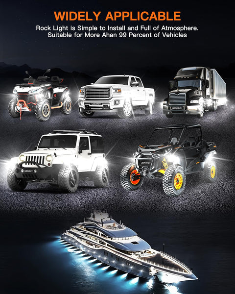 Pure White LED Rock Lights Kit With Rocker Switch Harness 12 High Power Underbody Lights illuminating various vehicles