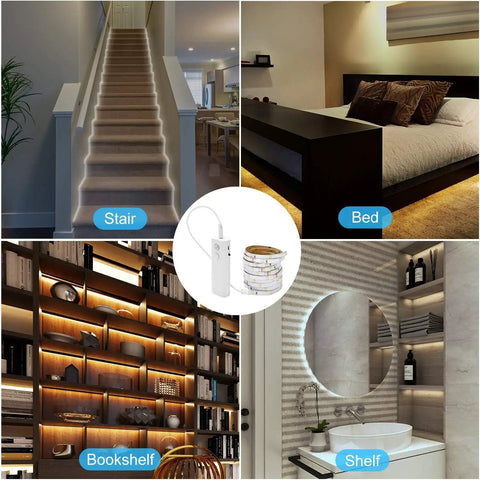 2-Pack Rechargeable LED Strip Lights With Motion Sensor 2M Cool White Auto On in stair, bed, bookshelf, and shelf lighting setup