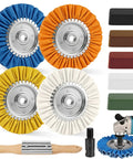 Pro Grade Aluminum Polishing Kit for Angle Grinder, 8 inch airway buffing wheel, 11-piece set, view of components including shaft and rake