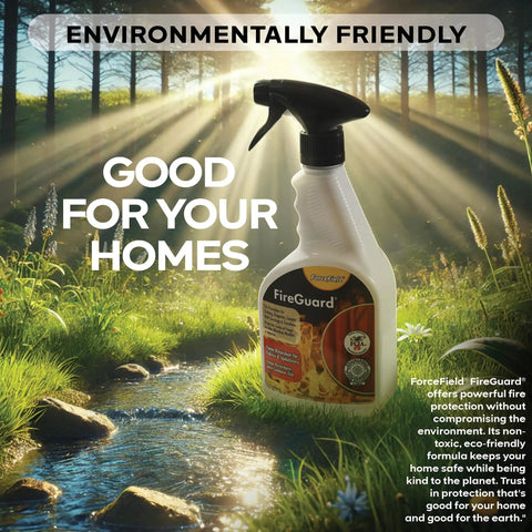 FireGuard Flame Retardant Spray For Fabrics, 22 Oz bottle in a forest setting, sunlight streaming through trees