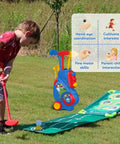 Toddler playing with Toddler Golf Set for 2 3 4 5 Year Old Boys and Girls Upgraded Indoor Outdoor Golf Cart With Cornhole Board and Putting Mat Safe Durable Plastic Toy for Backyard Play Birthday Gift Easy to Use and Family Fun