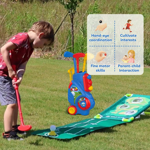 Toddler playing with Toddler Golf Set for 2 3 4 5 Year Old Boys and Girls Upgraded Indoor Outdoor Golf Cart With Cornhole Board and Putting Mat Safe Durable Plastic Toy for Backyard Play Birthday Gift Easy to Use and Family Fun
