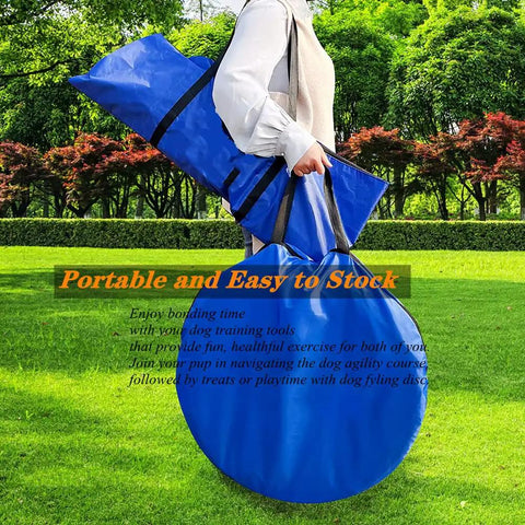 Person carrying blue bags from Budget Friendly All In One Dog Agility Training Set With Tunnel Weave Poles Hurdles 20 Piece Kit