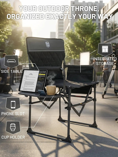 Heavy Duty Camping Chair With Compact Fold Built In Side Table And Pocket For Camping Lawn Fishing And Sports Supports Up To 400 Lbs Ultra Portable Go Anywhere And Easy Carry Handle, black chair on urban patio with side table, storage, and cup holder.