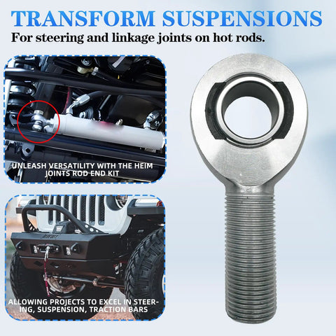 Bolt On Rod End Heim Joint Three Quarter Inch Bore And Three Quarter Inch Sixteen Thread, Heavy Duty Suspension Link Kit, Welding Ready Install, Two Pack, Durable Steel Construction For Easy Mating And Performance. rod end on threaded steel housing for suspension and steering linkage