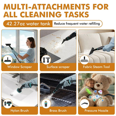Portable Handheld Steam Cleaner With 16 Versatile Attachments showcased with tools for various surfaces and cleaning tasks.