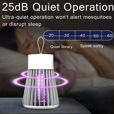 Rechargeable Indoor And Outdoor Bug Zapper With 600V Grid And 365Nm UV Light, shown in quiet operation mode on nightstand.