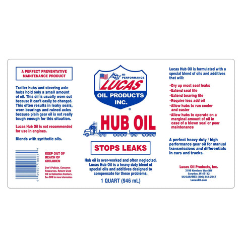 Front label view of Heavy Duty Hub Oil For Trailer Hubs And Steering Axles Extreme Heat Resistant Long Lasting Lubricant 1 Quart
