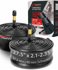 Pair Of 27.5 Inch Bike Inner Tubes Compatible With 27.5 X 2.1 To 2.35 Tires 48mm Schrader Valve Pack Of 2 displayed with packaging