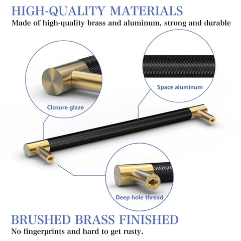 Brushed Satin Gold Brass Finish T Bar Cabinet Handles Set of 10 With Electroplated Matte Black Accents, showing close-up details.
