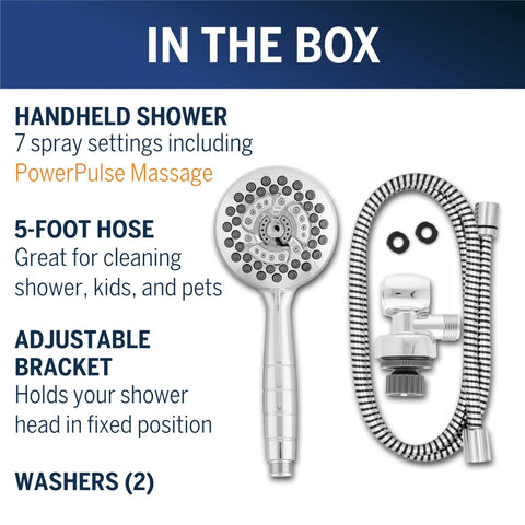 High Pressure Handheld Shower Head With PowerPulse Massage 7 Settings Chrome Finish 1.8 GPM Flow Spa Like Relaxing Spray components