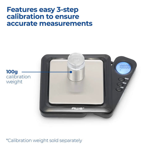Pocket Digital Scale 100g x 0.01g High Precision Gram Scale With LCD Display And Tare Function shown with calibration weight