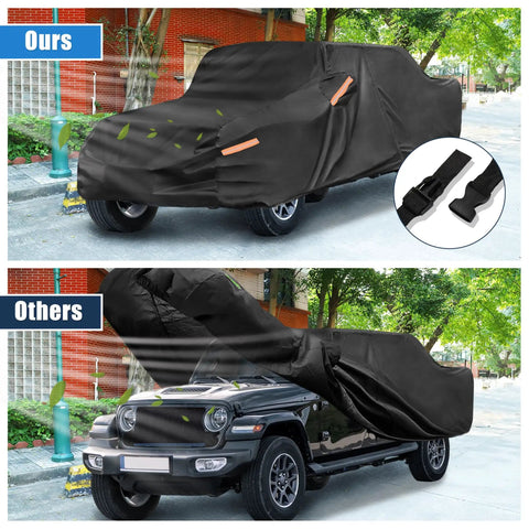 Jeep Gladiator JT Truck Car Cover 2020 2024 Outdoor Waterproof Shield Sun Rain Dust Wind Snow Black Heavy Duty With Reflective Warning Bars And Driver Door Zipper For Easy Access covering truck