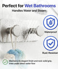 Heavy Duty Double Adhesive Wall Hooks Peel and Stick Towel Hook Satin Finish shown in wet bathroom, waterproof and rust-resistant.
