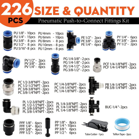 Top Notch 226Pcs Push Connect Air Fittings Kit With Nickel Plated Brass NPT And Metric Cross Adapters For Universal Pneumatic Tool Hookup In The Garage Or Shop, assorted fittings